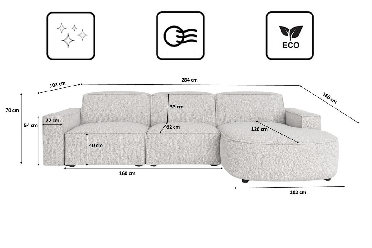 ECKSOFA Cursal Round L-Form, Stoff Artico, Nata, Rechts - Beige, Holz (284/166cm) - Kaiser Möbel