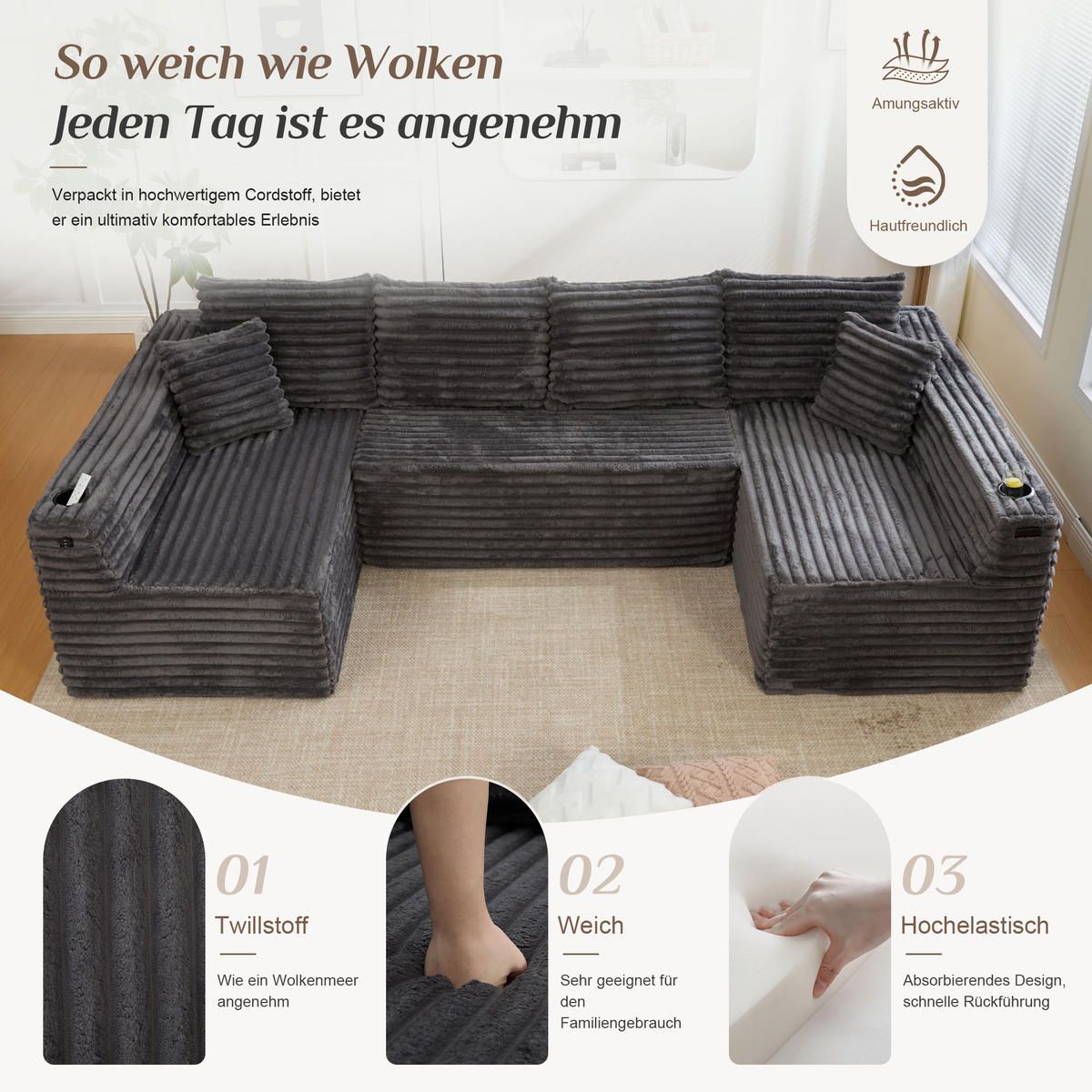 WOHNLANDSCHAFT 320/155/88 cm Dunkelgrau mit Getränkehalter und Seitentasche - Dunkelgrau, Textil (320/88/155cm) - Oxeza