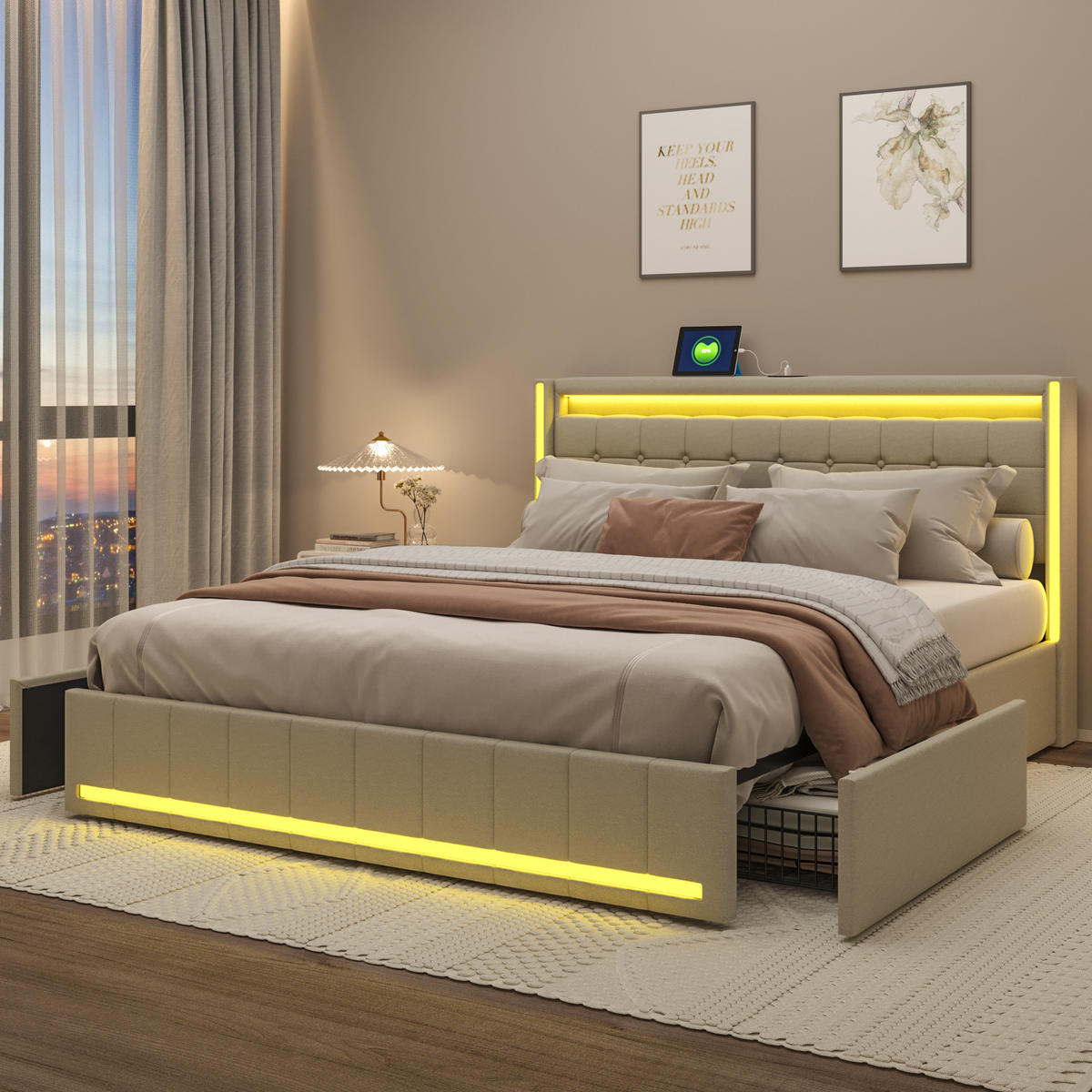 MANŽELSKÁ postel 180x200 cm, LED, USB, 4 zásuvky, lněná, béžová - béžová, kov - SHOPENTRA