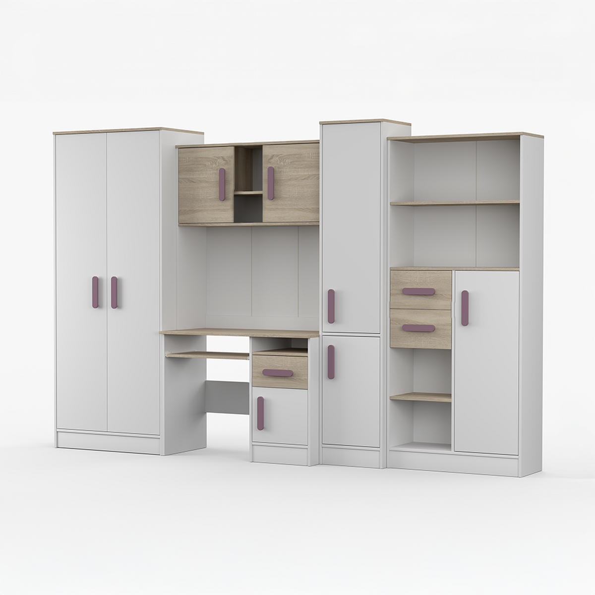 WOHNWAND Markus Weiß Sonoma Eiche mit griffenfarbe: Erik - Lila/Weiß, Holzwerkstoff (300/197/52cm) - imoebel24