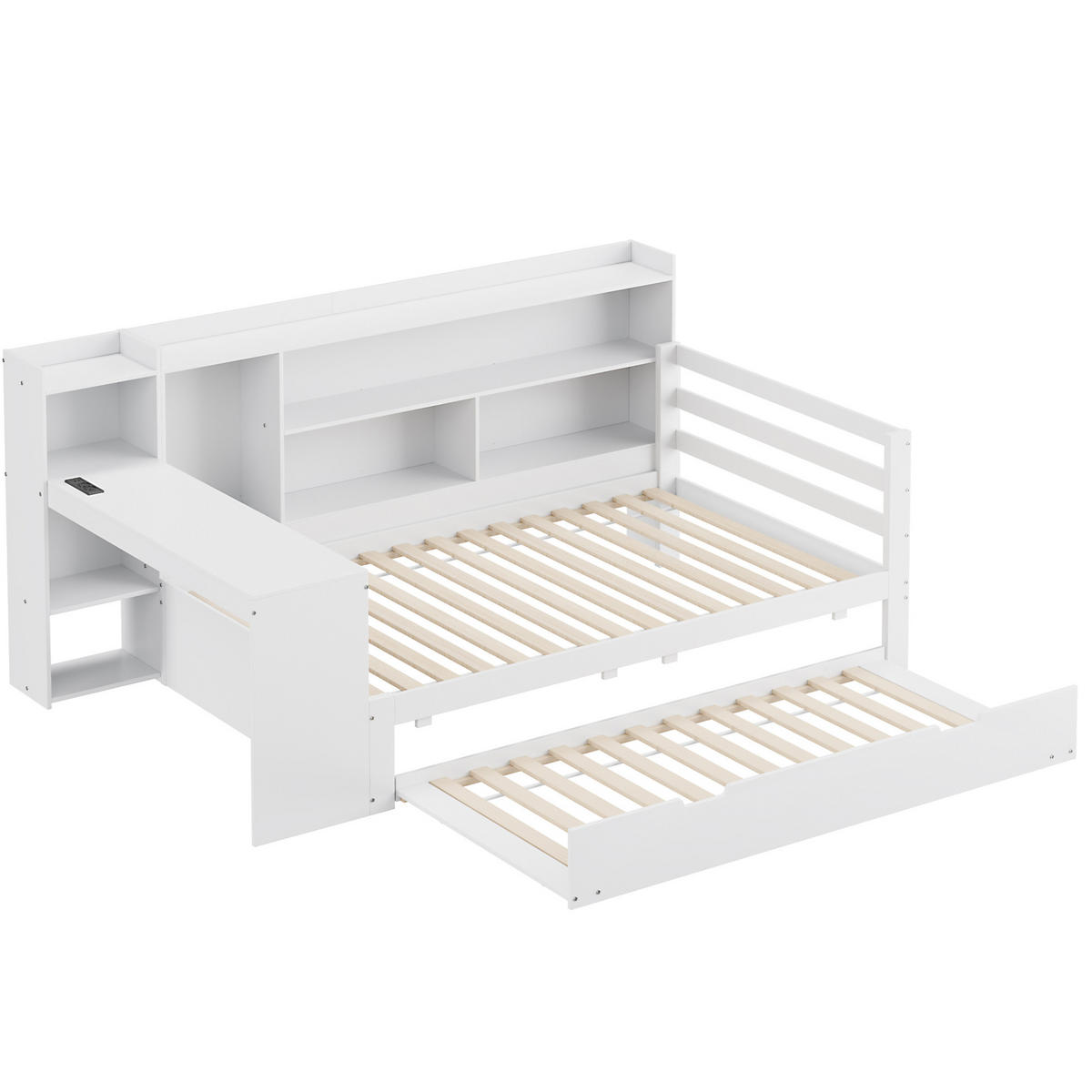 HOLZBETT 90/200 cm in Weiß mit Ausziehbett, Regal und Steckdose - Weiß, Holz (90/200cm) - BEAOK