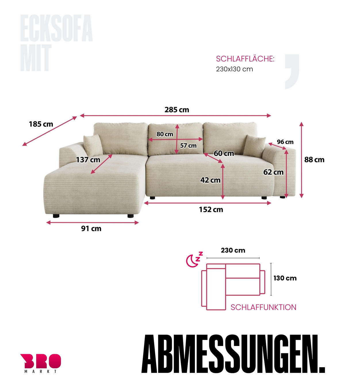 ECKSOFA Romeo mit Schlaffunktion Beige - Beige, Textil (285/185cm) - Bromarkt