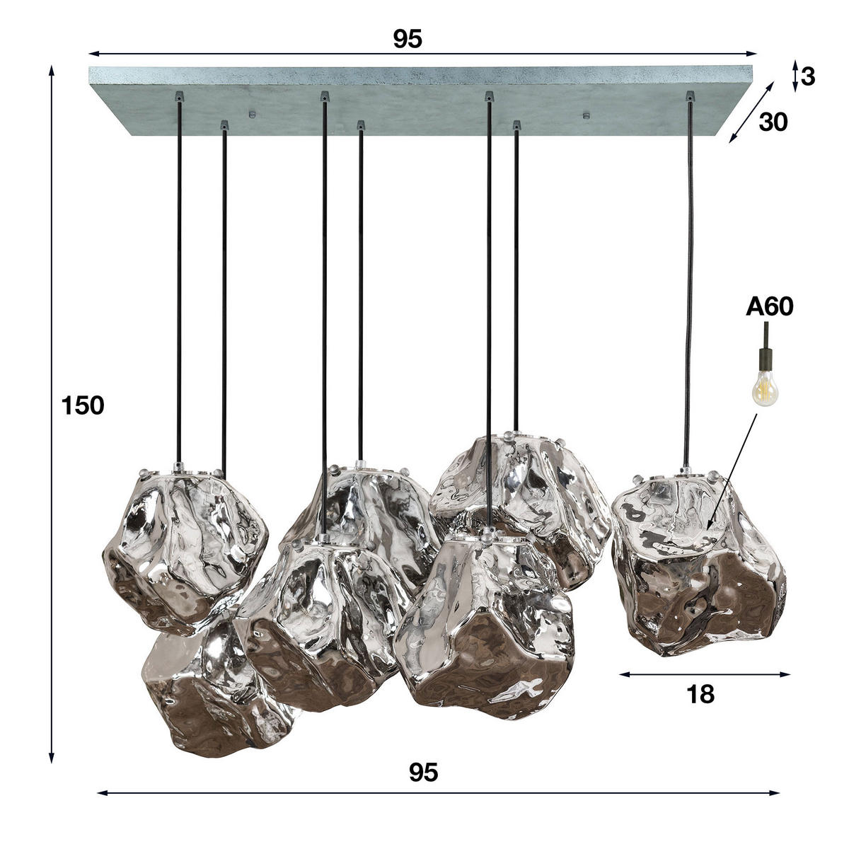 HÄNGELEUCHTE Rock Grau 95/44/150 cm - Grau, Metall (95/44/150cm) - Hoyz Collection