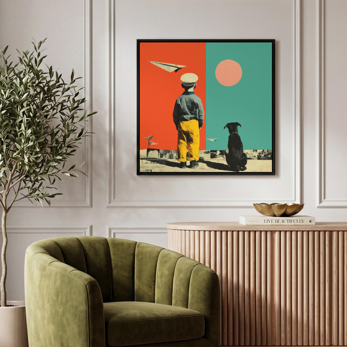LEINWAND Bilder mit Rahmen - Retro - Junge - Hund - Rot - Grün - 50x50 - Orange, Textil (50/50cm) - MuchoWow