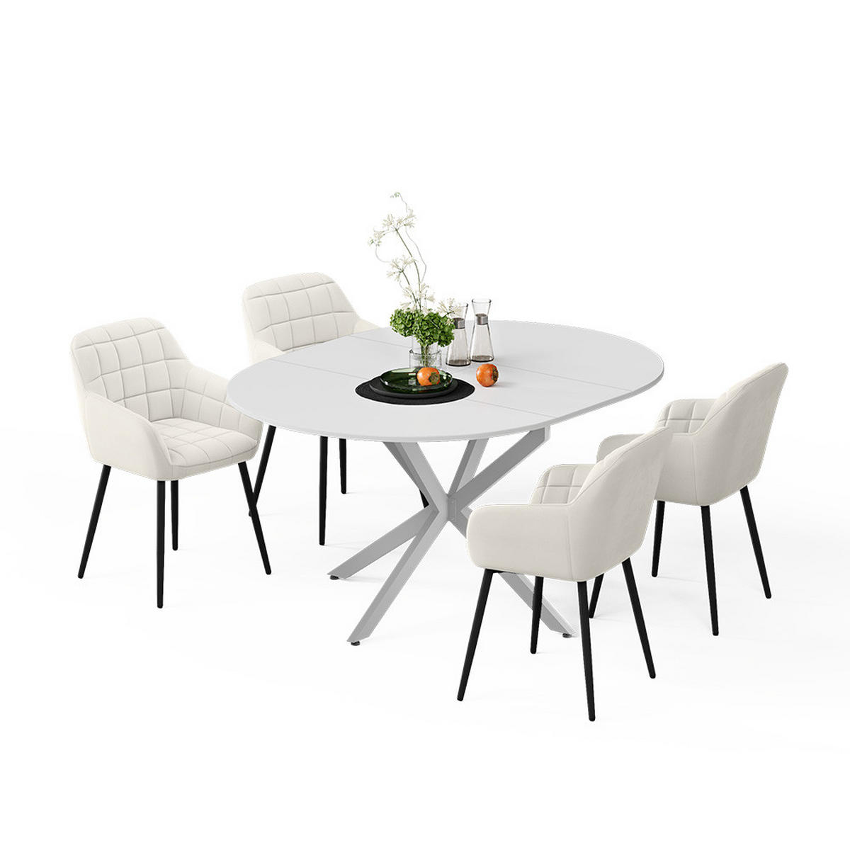 ESSTISCH-SET Loyd, Weiß/Grau, 120 x 120 cm mit 4 Esszimmerstühlen (Beige) - Weiß/Grau, Holzwerkstoff (120/76.5/120cm) - Vicco