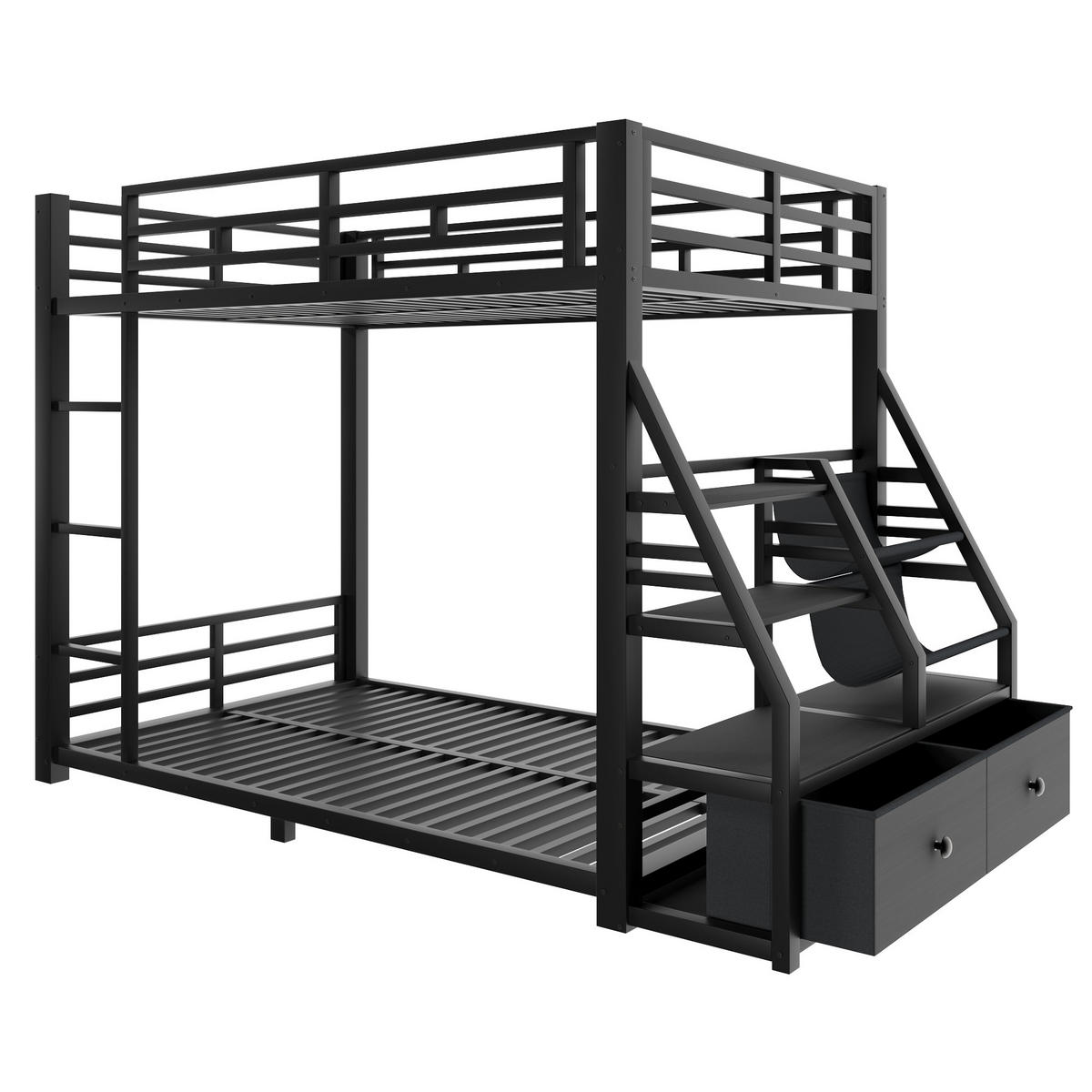 ETAGENBETT 90/200 cm & 90/200 cm in Schwarz mit 2 Stoffschubladen, LED und Ablagen - Schwarz, Holzwerkstoff/Metall (90/200cm) - STILVORA
