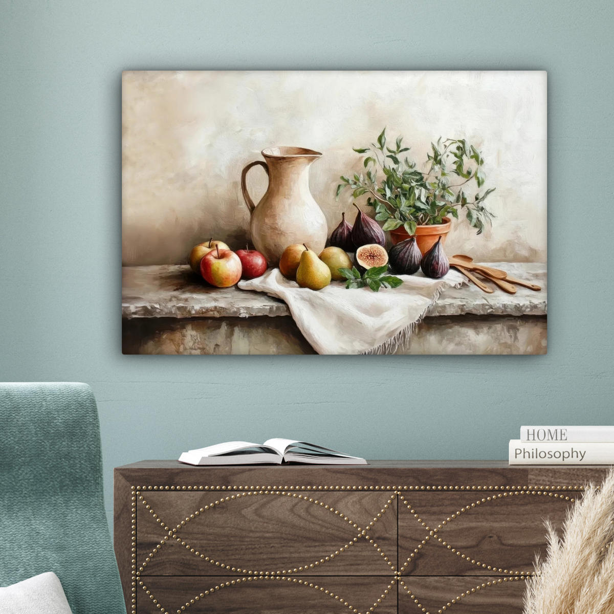 LEINWANDBILD Obst - Kräuter - Ländlich Wanddeko 90x60 cm - Naturfarben, Textil (90/60cm) - MuchoWow