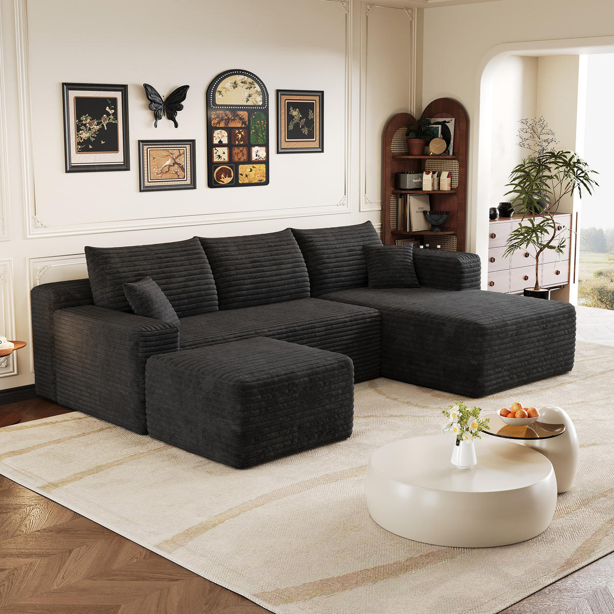 WOHNLANDSCHAFT Cord Schwarz ohne Montage - Schwarz, Textil (241/58/151cm) - WISHDOR