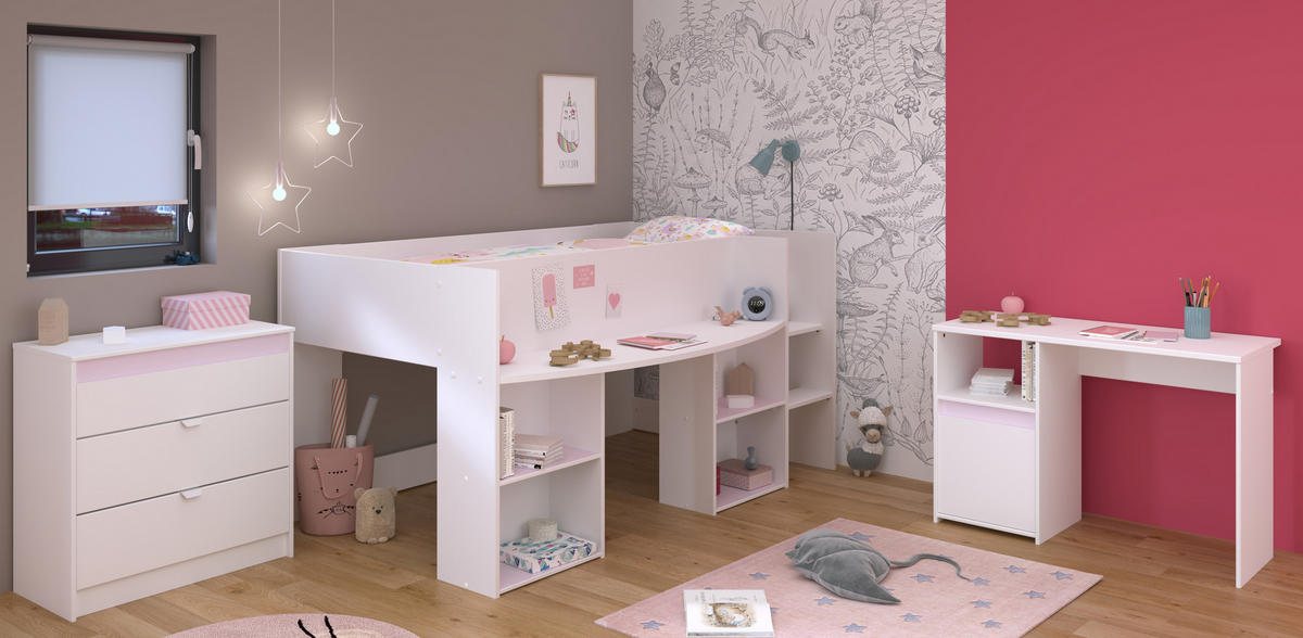 JUGENDZIMMER Pirouette 15 in Weiß mit Rosa oder Kieselgrau 3 teilig mit Hochbett - Weiß, Holzwerkstoff (120/200/80cm)