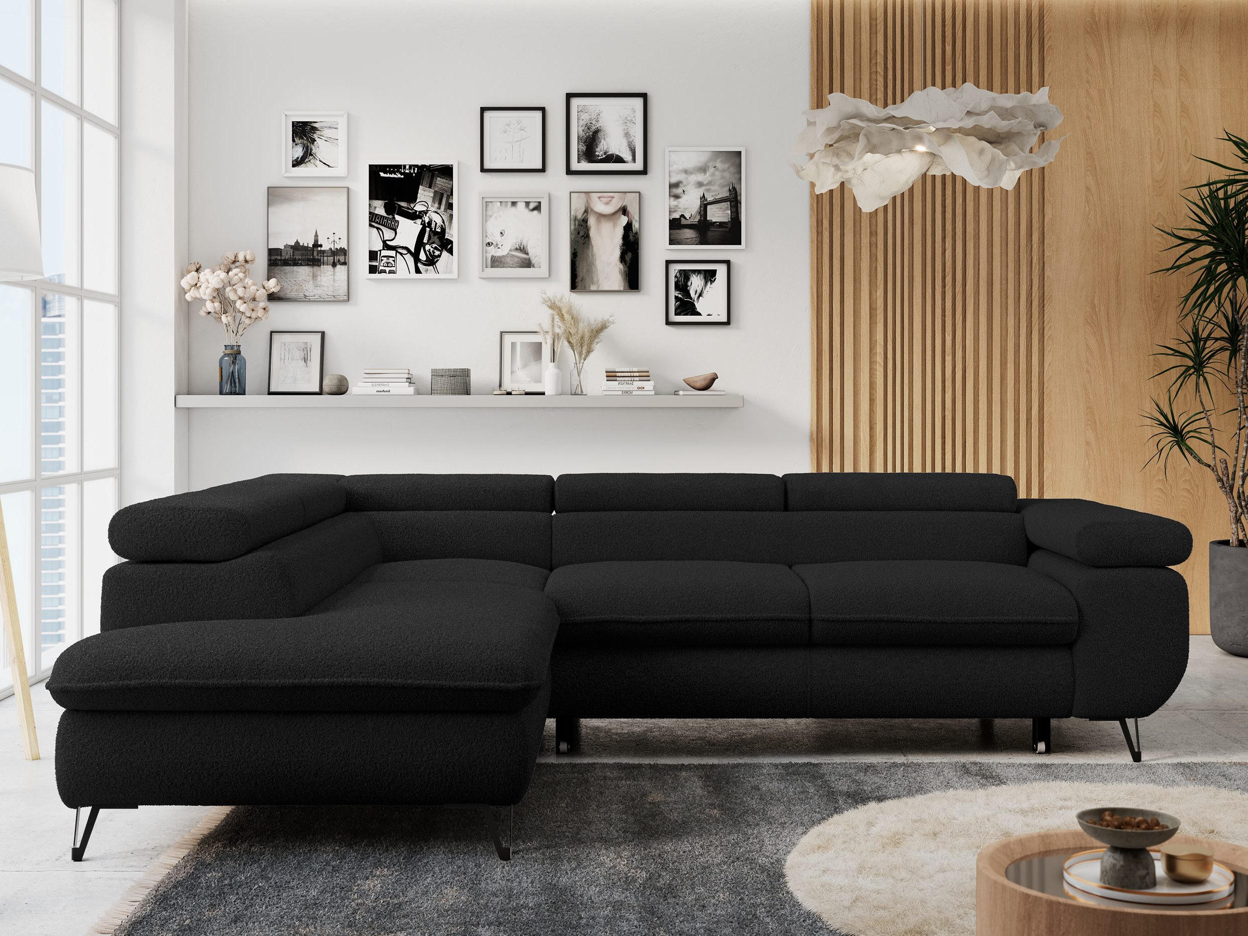 ECKSOFA PETER L Schwarz Boucle - Links Seite - Schwarz, Textil/Metall (208/273cm) - MKS