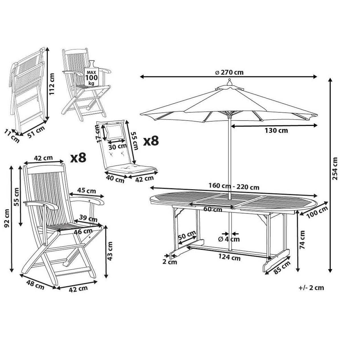 GARTENMÖBEL-SET 8-Sitzer Heller Holzfarbton mit Sonnenschirm Maui II - Hellbraun/Weiß, Holz - Beliani