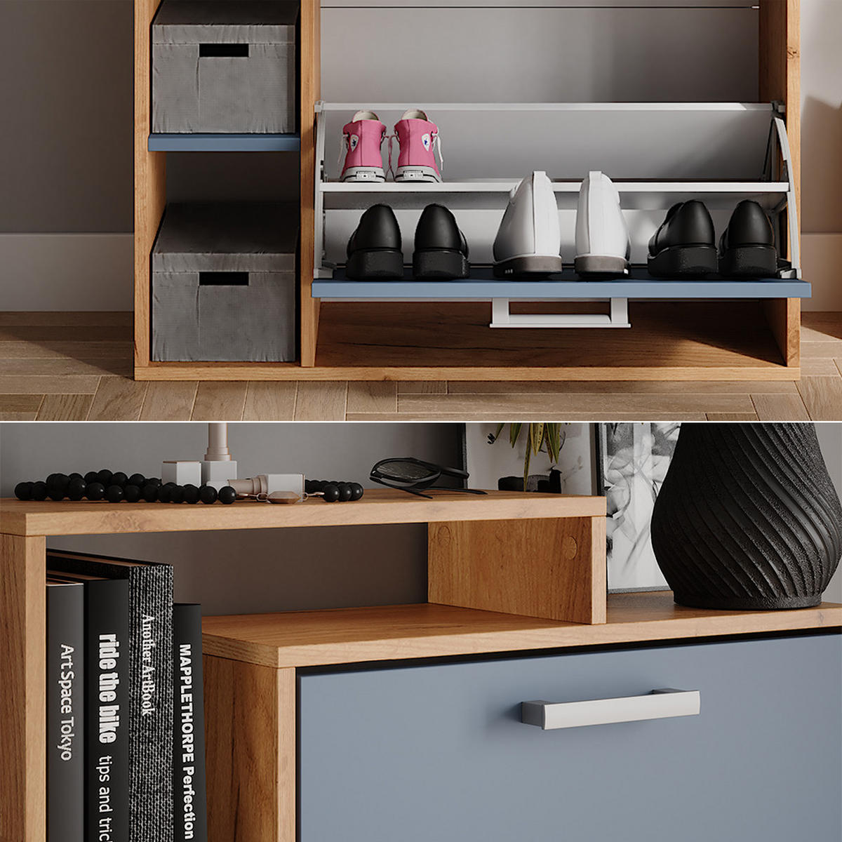 SCHUHKIPPER Orlando Goldkraft Eiche/Blau 80 x 128.3 cm mit 3 Fächern - Eiche Wotan, Holzwerkstoff (80/128.3/24.2cm) - Vicco