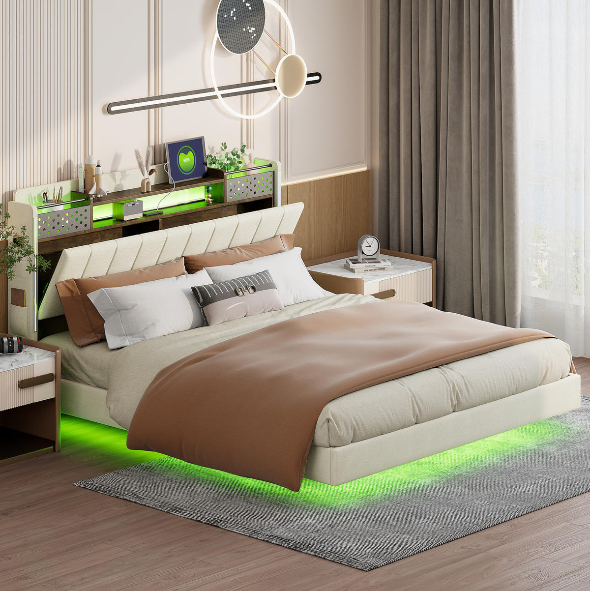 ČALÚNENÁ posteľ 160/200 cm s LED osvetlením, USB portom a úložným čelom, Béžová - béžová, textil (160/200cm) - Redom