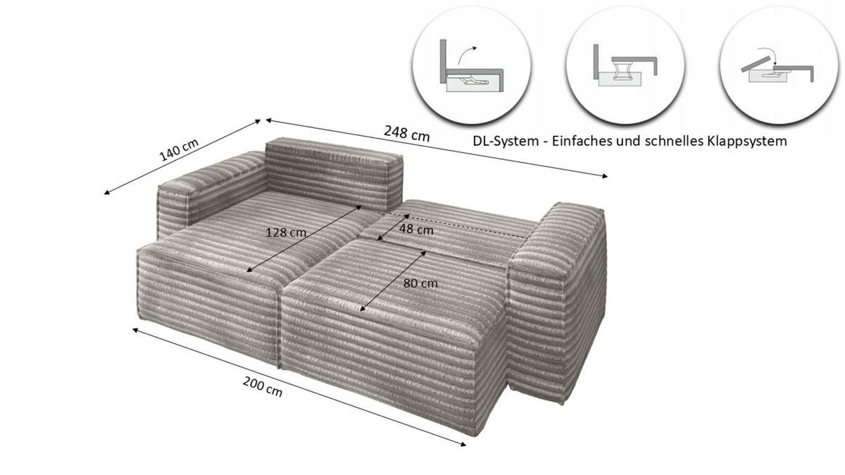 ECKSCHLAFSOFA Bohoo-Ecksofa mit Schlaffunktion stoff Velo Grau Rechts - Grau, Holz/Textil (248/140cm) - Kaiser Möbel