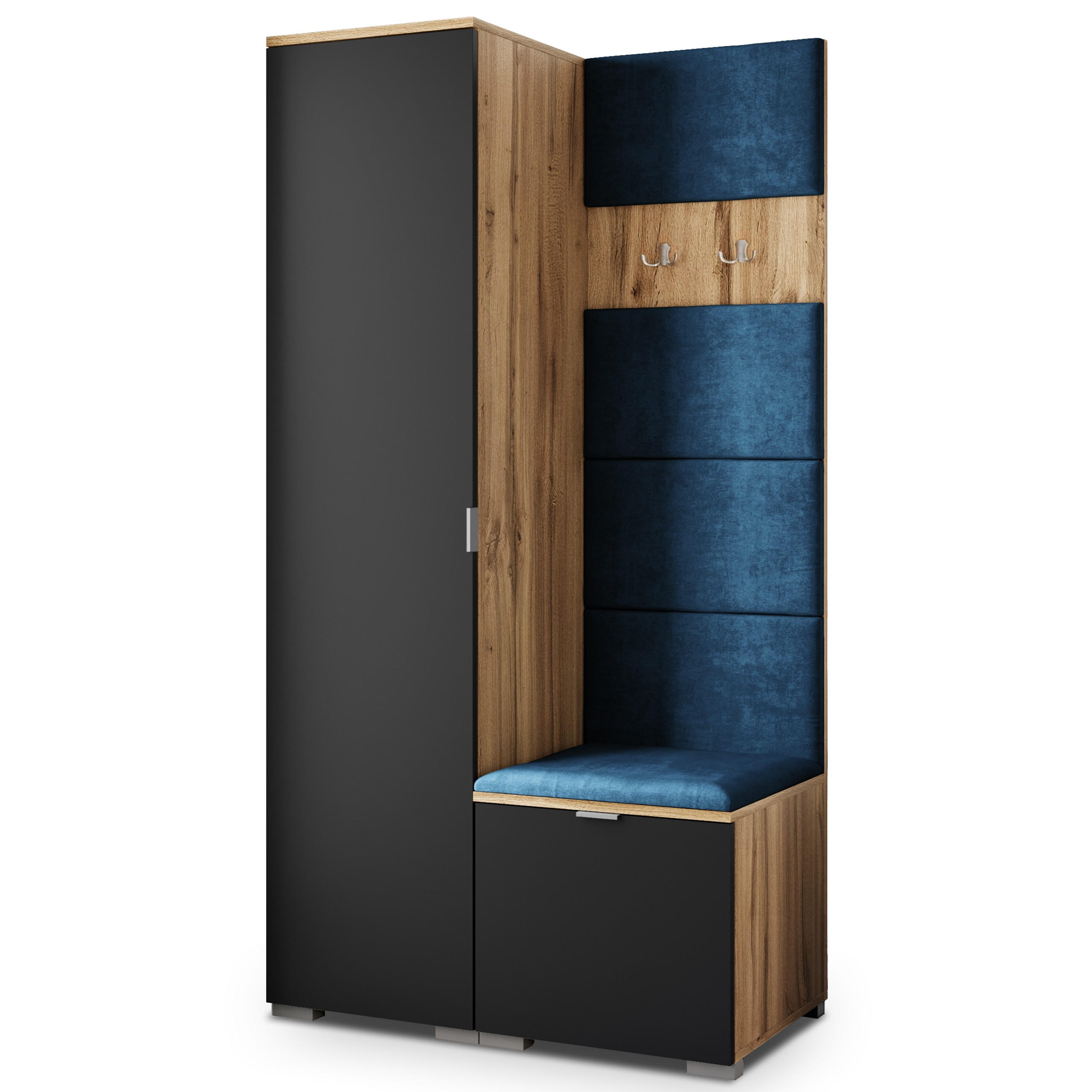 Masseno Garderobenschrank Eiche Wotan, Schwarz, Blau 95x181x51 cm