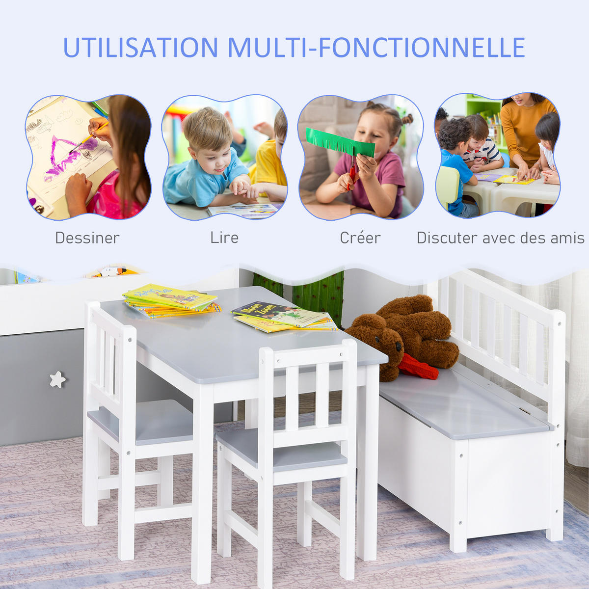 KINDERSITZGRUPPE DE-17498 4-teilig mit Stauraumbank Weiß/Grau - Grau, Holzwerkstoff (59/46/77cm) - ComfortXL