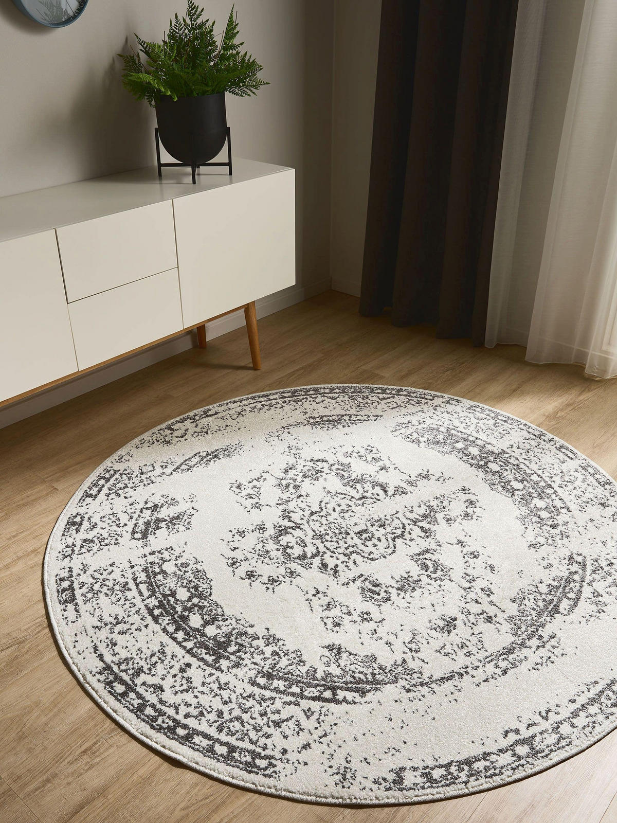 VINTAGE-TEPPICH Sia ø 120 cm rund - Creme/Grau, Kunststoff (120/120cm) - benuta