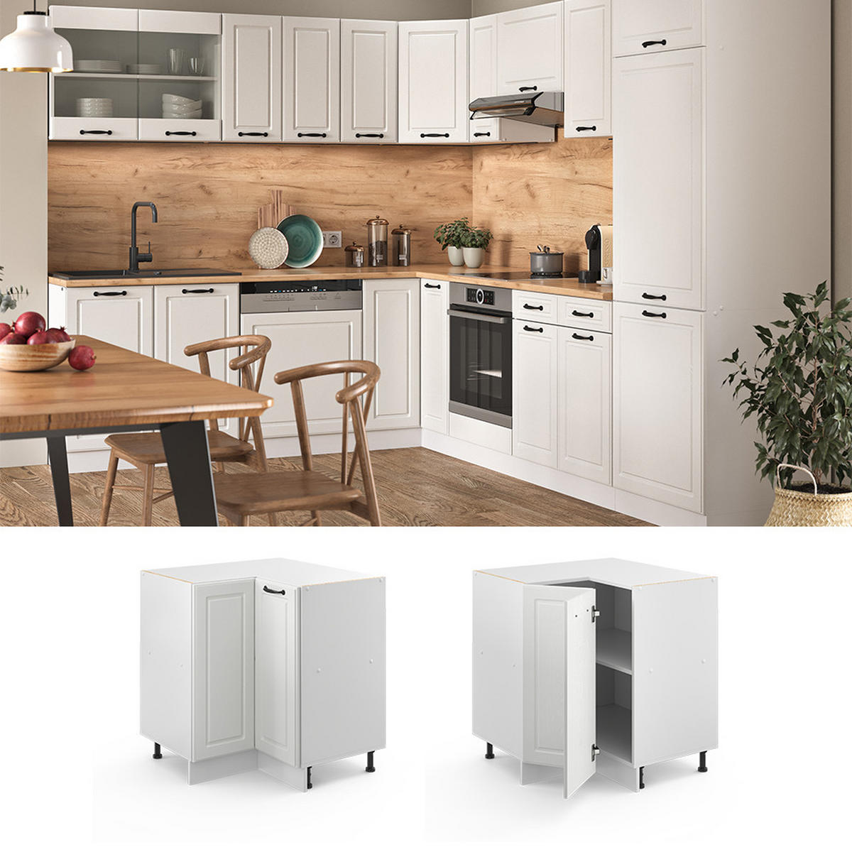 ECKUNTERSCHRANK R-Line Weiß Landhaus 75.6 cm ohne AP - Creme/Weiß, Holzwerkstoff (75.6/81.6/46cm) - Vicco