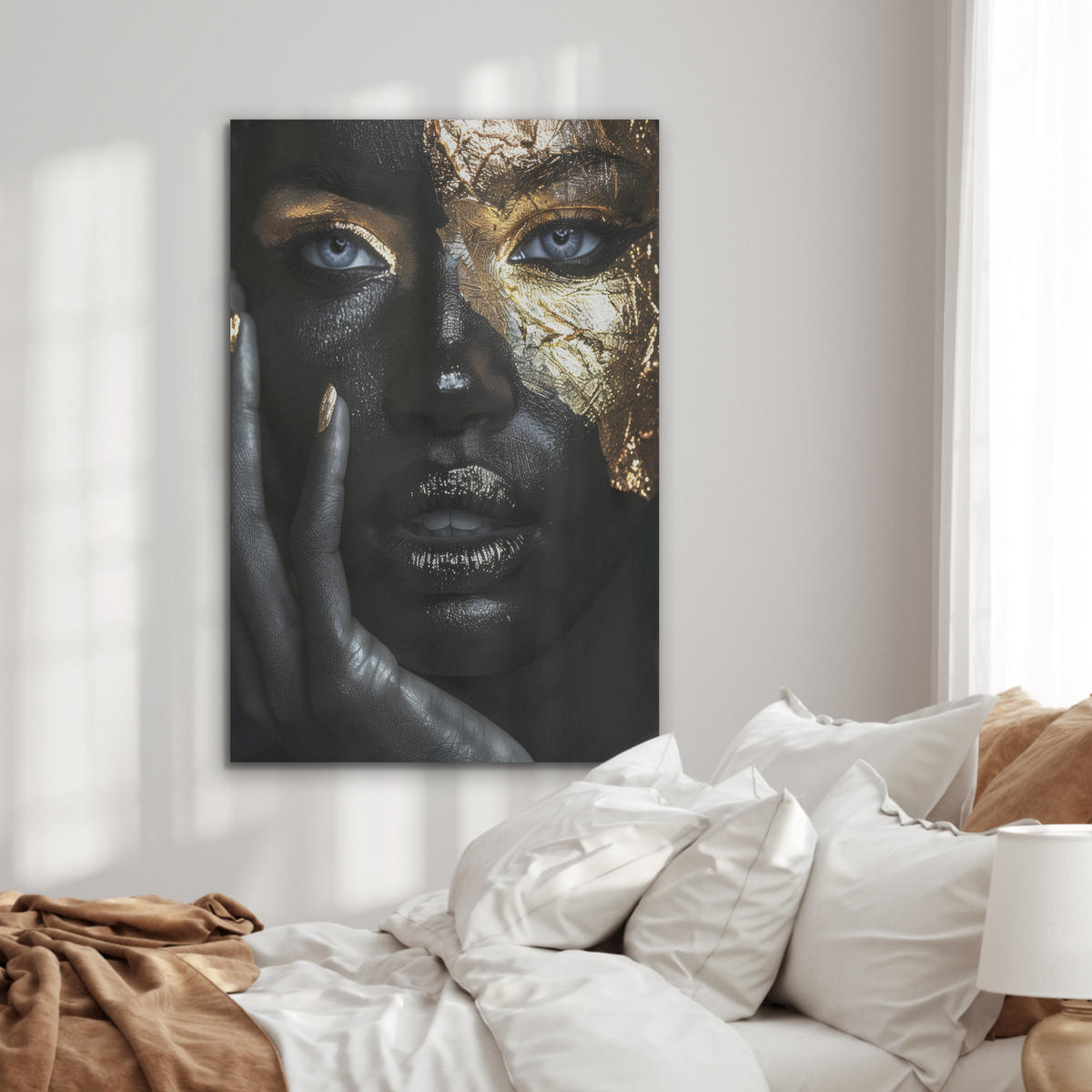 AKUSTIKPANEEL Frau - Gold - Porträt - Schwarz-Weiß - Luxus 70x100 cm - Hellblau, Textil (70/0.9/100cm) - MuchoWow