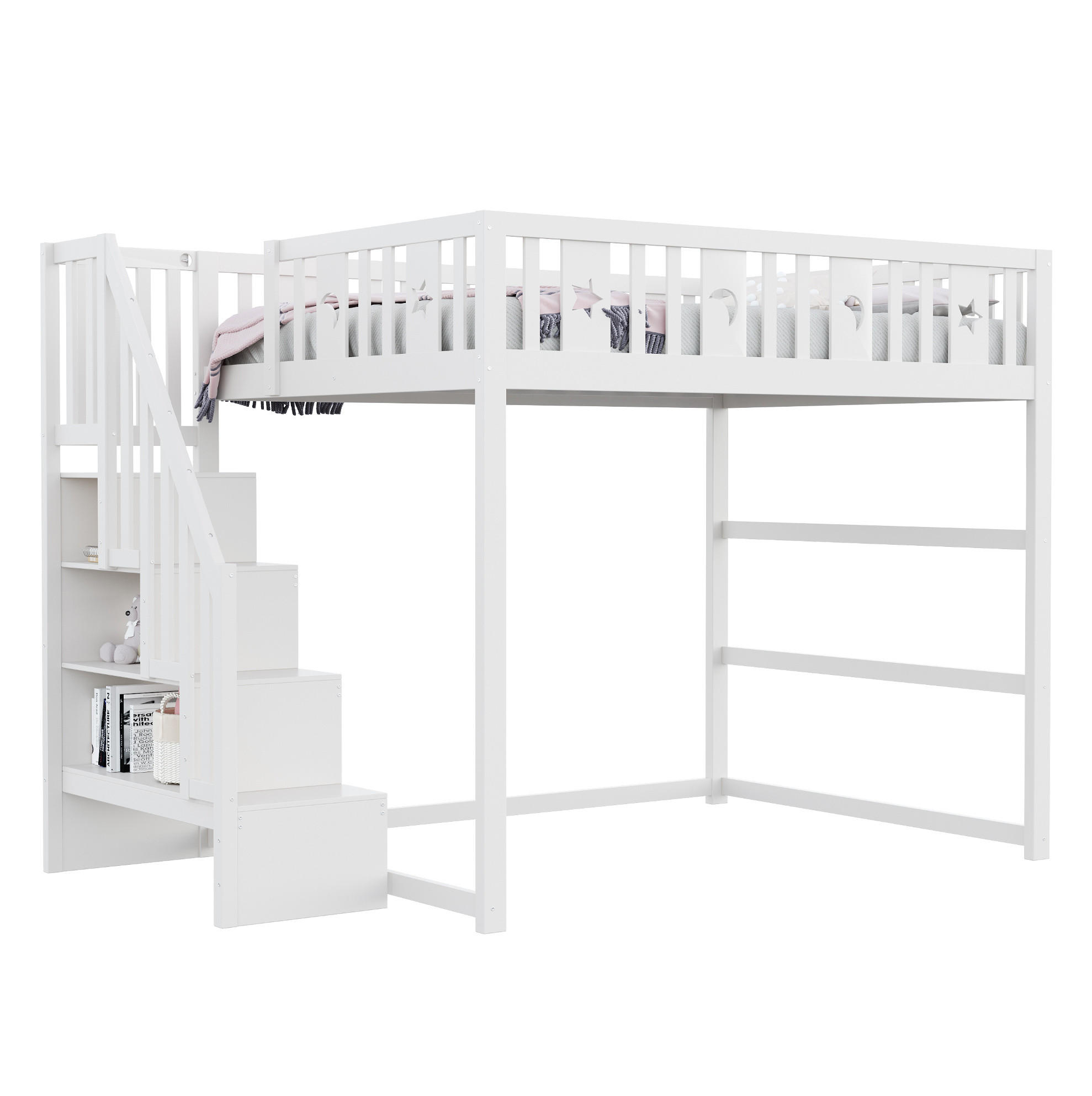 HOCHBETT 140/200 cm in Weiß aus Massivholz – mit Treppe, Regal und Rausfallschutz - Weiß, Holz (140/200cm) - BEAOK