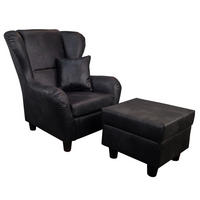 OHRENSESSEL mit HOCKER, hoher Sitzkomfort durch Wellenunterfederung, Mikrofaser Leder-Optik Vintage Schwarz / 18007 - Schwarz, Holz/Textil (90/98/76cm) - luma-home