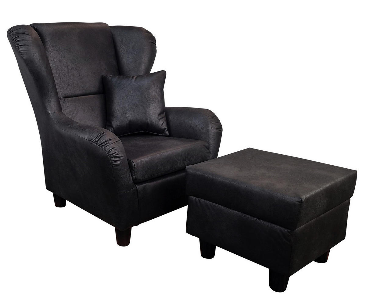 OHRENSESSEL mit HOCKER, hoher Sitzkomfort durch Wellenunterfederung, Mikrofaser Leder-Optik Vintage Schwarz / 18007 - Schwarz, Holz/Textil (90/98/76cm) - luma-home