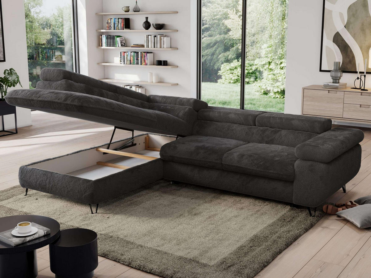 ECKSOFA PEDRO L Anthrazit Plüsch - Links Seite - Anthrazit/Schwarz, Textil/Metall (208/273cm) - MKS