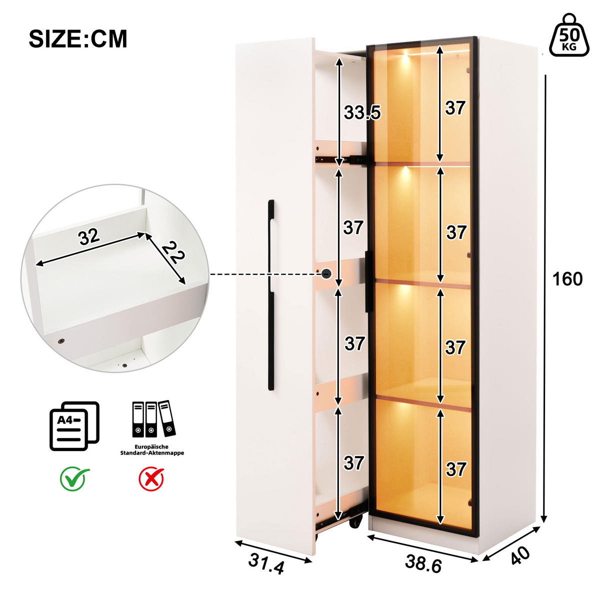 VITRINA 70/40/160 cm bijela od MDF-a s LED osvjetljenjem i izvlačnim policama - bijela, drvni materijal (70/160/40cm) - BEAOK