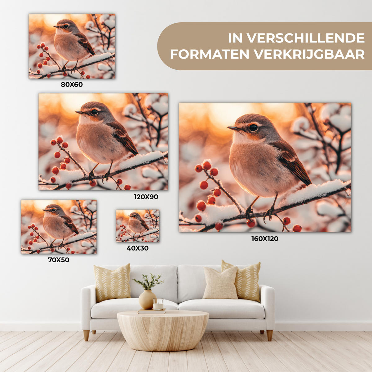 LEINWANDBILD Vogel - Zweig - Winter - Tiere - Schnee Wandbilder 80x60 cm - Bernsteinfarben, Textil (80/60cm) - MuchoWow