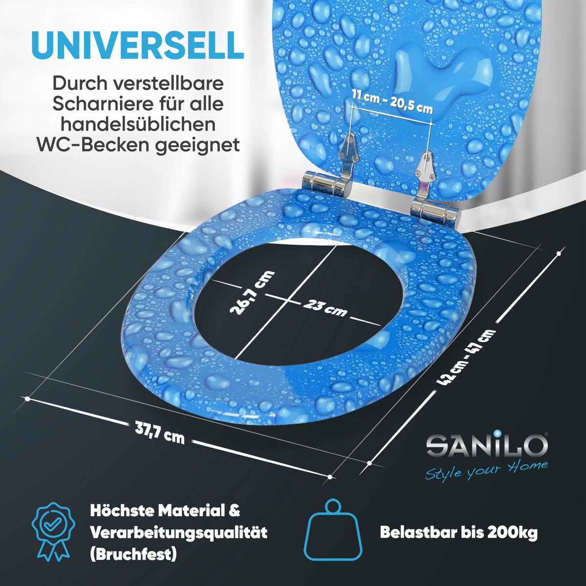 WC-SITZ Absenkautomatik Tautropfen Blau - Blau, Holzwerkstoff (38/6/47cm) - Sanilo