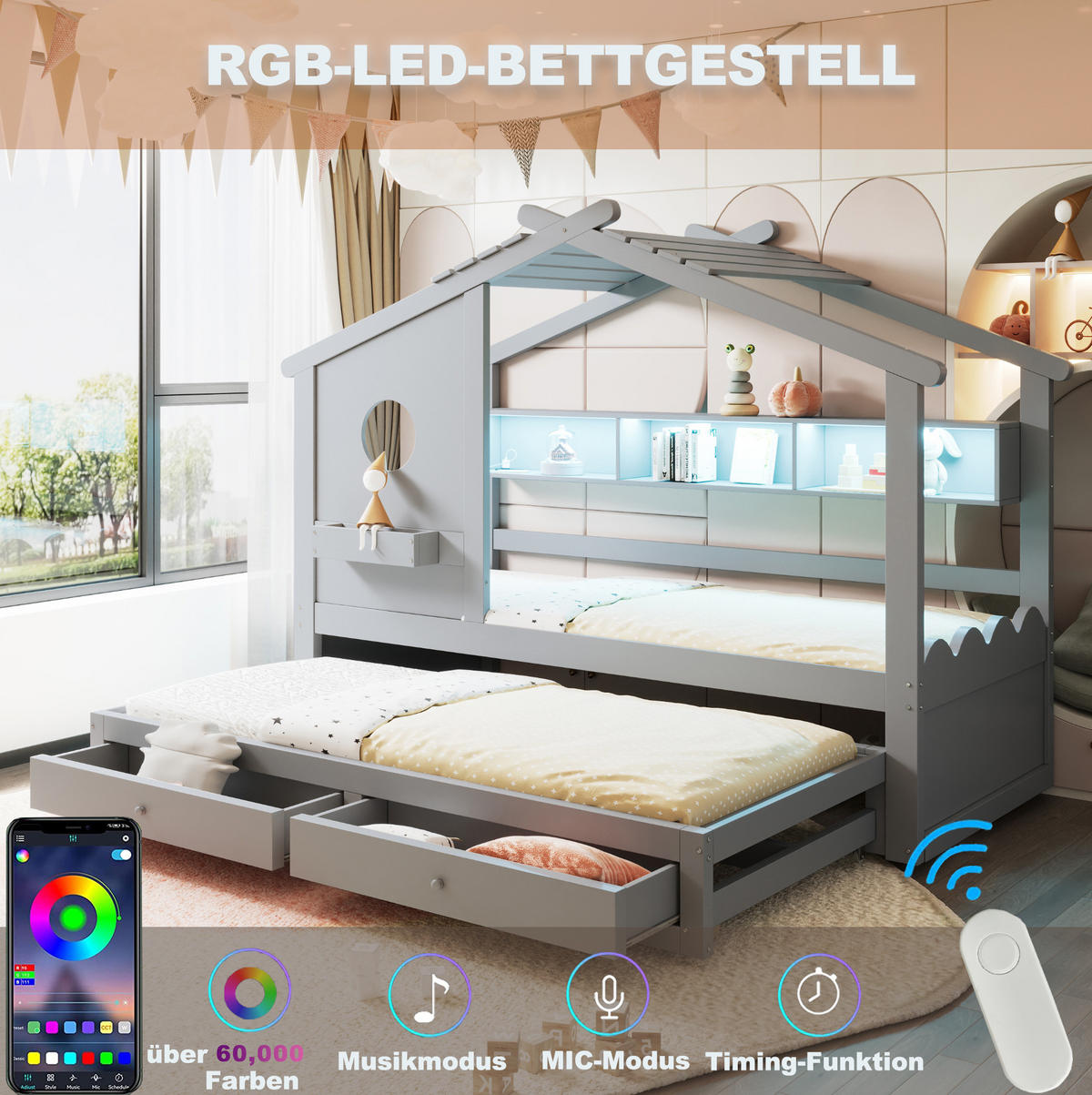 KINDERBETT 90/200 cm mit Ausziehbett 90/190 cm, LED, USB- und Typ-C-Anschluss, Schubladen und Stauraum, Grau - Grau, Holzwerkstoff (90/200cm) - Redom