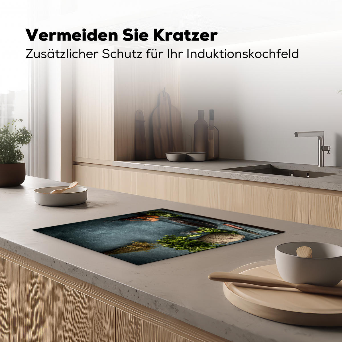 HERDABDECKPLATTE Kräuter - Gewürze - Pfanne - Messer - Grau - Rustikal 58x51 cm - Petrol, Kunststoff (58.3/0.2/51.3cm) - MuchoWow
