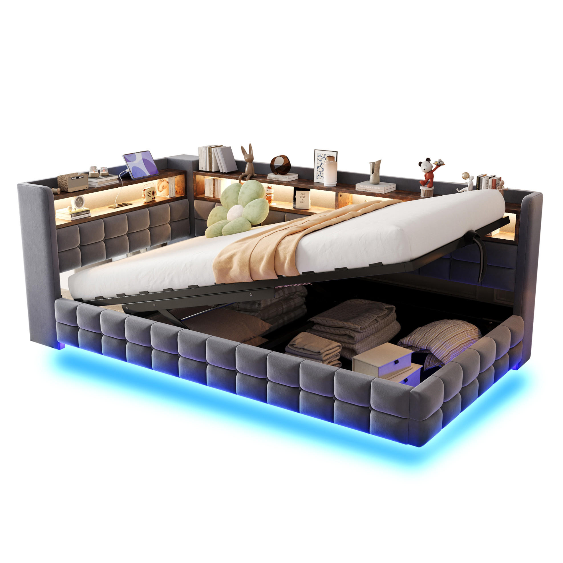 OKWISH ČALOUNĚNÁ postel 90/200 cm šedá z veluru s úložným prostorem, LED a USB