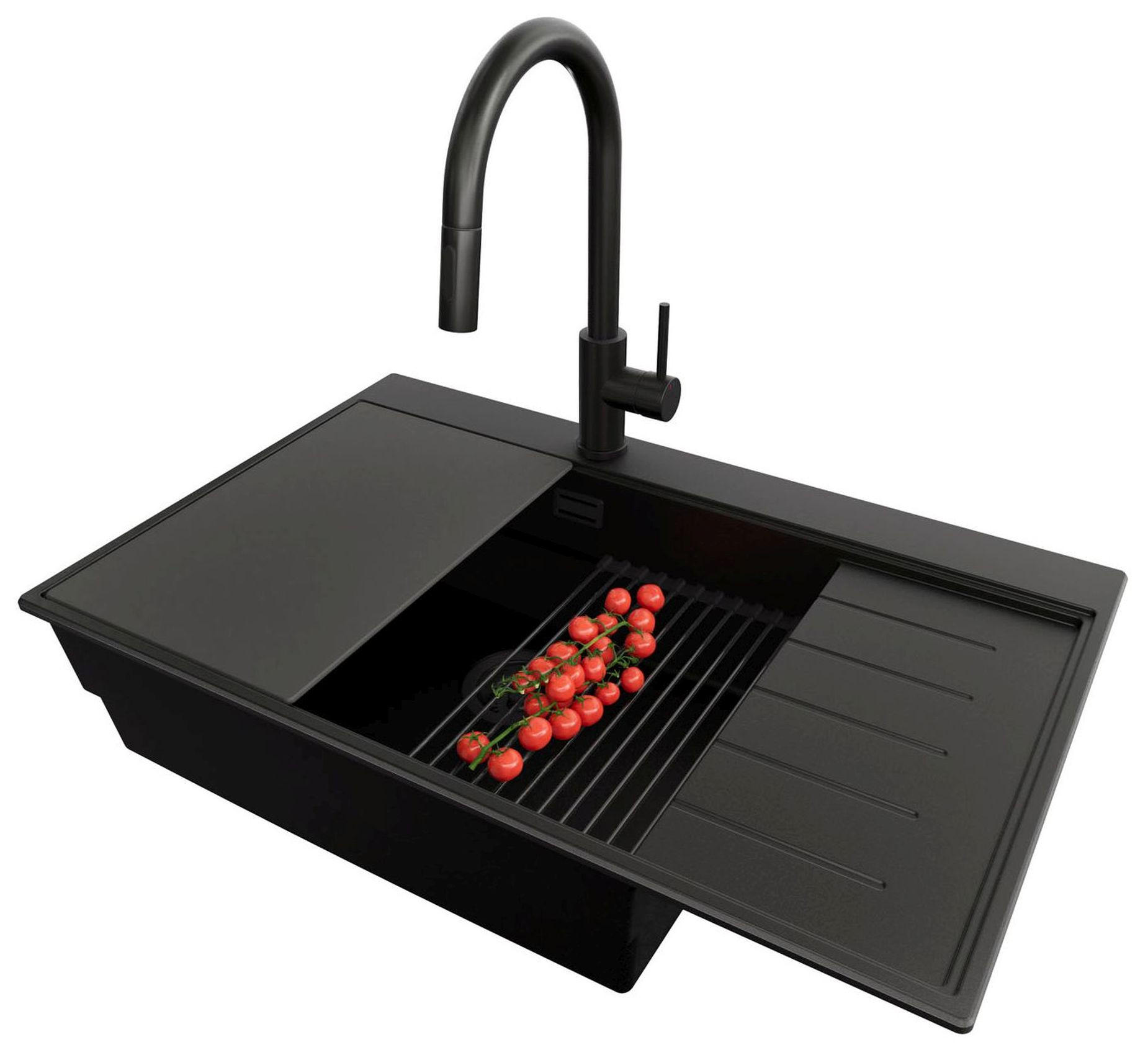 GRANITSPÜLE Sydney, 2-er set Alles Schwarz 78/50 cm 1 Becken + Küchenarmatur 40/20 cm + Ablauf-Set + Küchenzubehörset ab 60er Unterschrank - Schwarz, Kunststoff (78/20/50cm) - Primagran