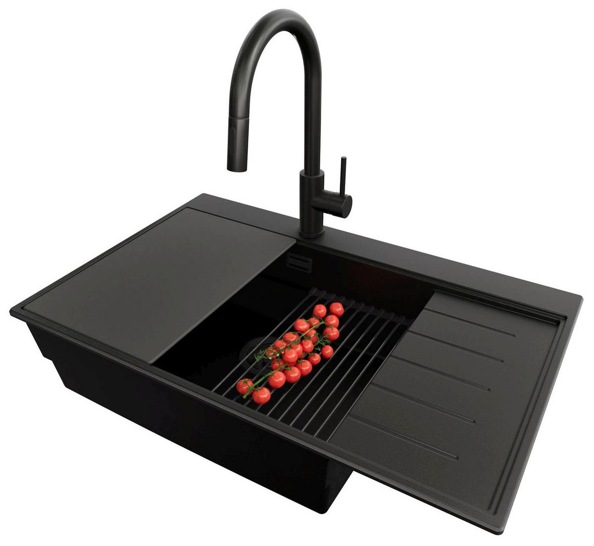 GRANITSPÜLE Sydney, 2-er set Alles Schwarz 78/50 cm 1 Becken + Küchenarmatur 40/20 cm + Ablauf-Set + Küchenzubehörset ab 60er Unterschrank - Schwarz, Kunststoff (78/20/50cm) - Primagran