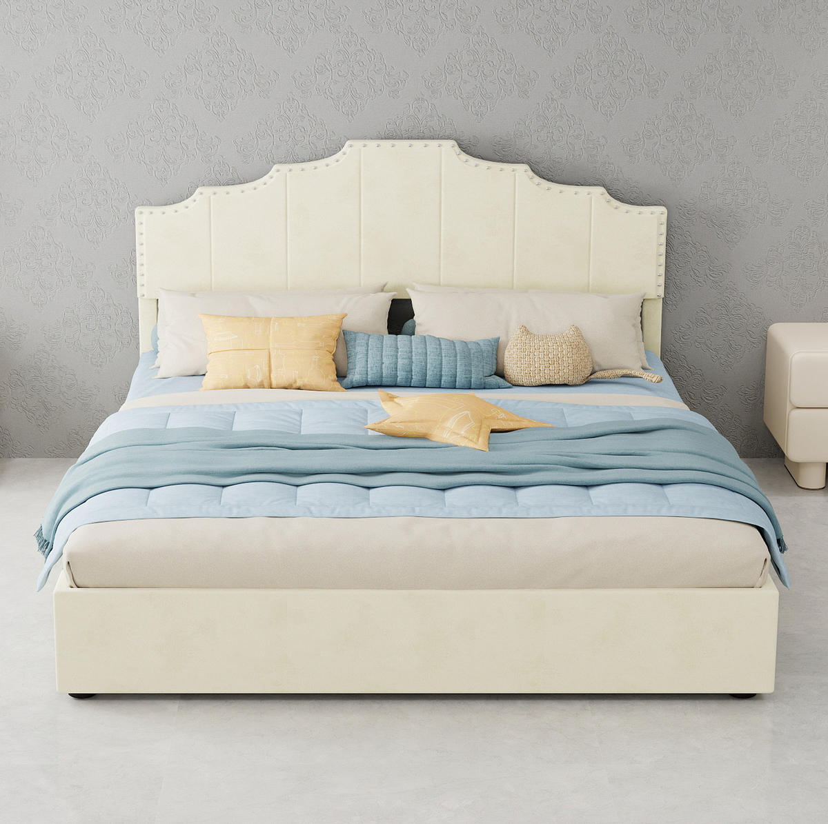 POLSTERBETT 160/200 cm mit geometrischem Kopfteil und Bettkasten, Beige - Beige, Textil (160/200cm) - Redom