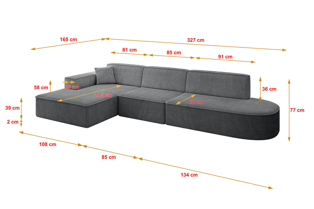 ECKSOFA Ottomane Links IREA-L2-v4 - 327x165x77 cm Duneklgrau - Dunkelgrau, Holzwerkstoff/Textil (327/165cm) - ALTDECOR