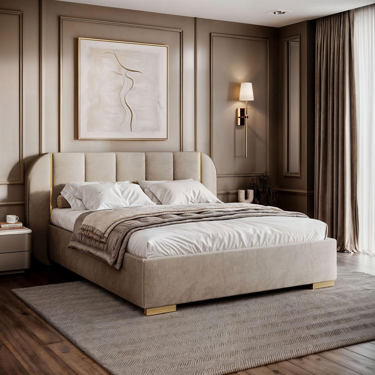 BETT AMARA GOLD 160x200 gepolstert mit Stauraum und Lattenrost, Royal Velvet 180 - Taupe, Textil (160/200cm) - Lookway