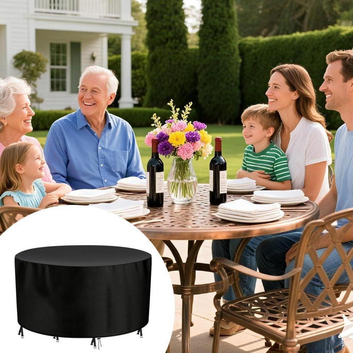 ABDECKHAUBE Gartentisch Rund 190 x 80 cm Wasserdicht - Schwarz, Kunststoff (80/80/190cm)