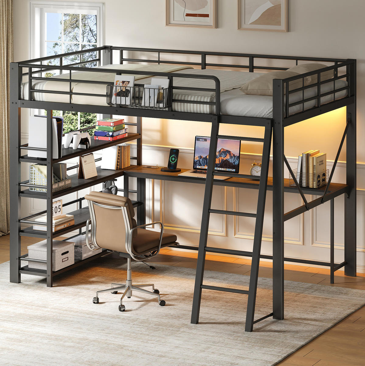 HOCHBETT aus Metall und MDF 140x200 cm Schwarz mit Schreibtisch, LED-Beleuchtung und Stauraum - Schwarz, Holzwerkstoff (140/200cm) - IVMEU