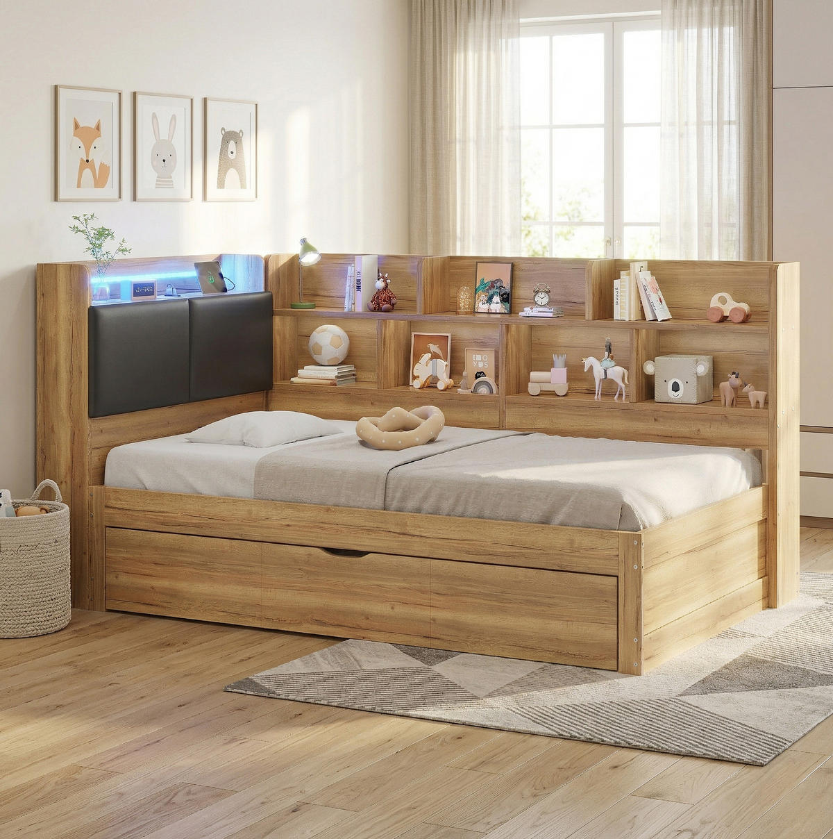 KINDERBETT aus MDF 90x200 cm Naturfarben mit Ausziehbett 90x190, LED-Beleuchtung, USB- und Type-C-Anschlüssen, Stauraum - Naturfarben, Holzwerkstoff (90/200cm) - Modfu