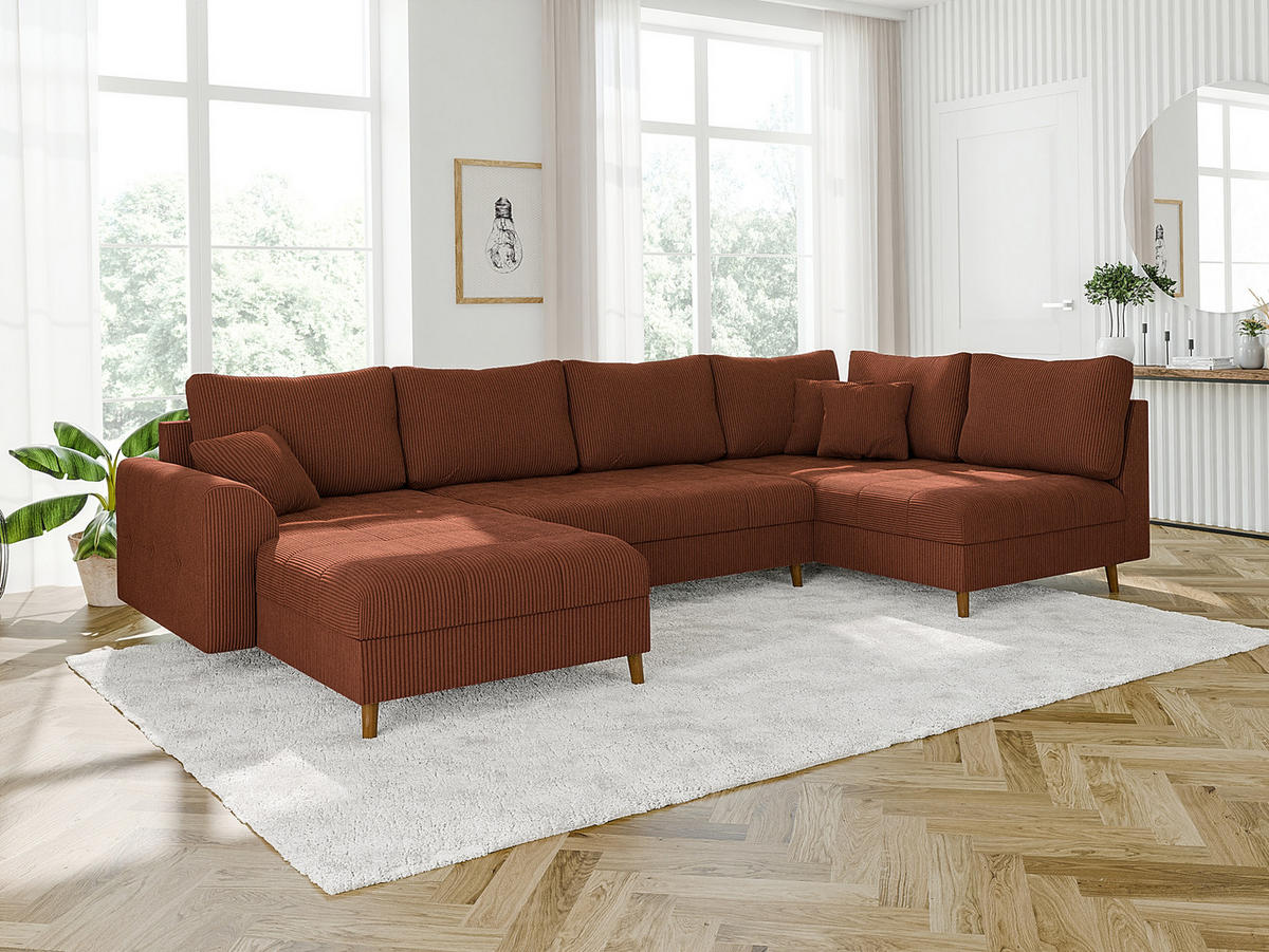 WOHNLANDSCHAFT inkl. Hocker Alma Terrakotta Cord - Terra cotta/Braun, Holz/Textil (310/81/161cm) - S-Style Möbel