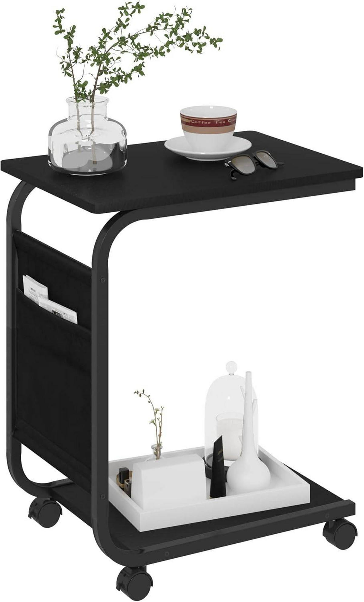 BEISTELLTISCH, Couchtisch mit 2 Ablagen 1 Seitentasche - Schwarz, Holzwerkstoff/Textil (35/50/62cm) - Woltu