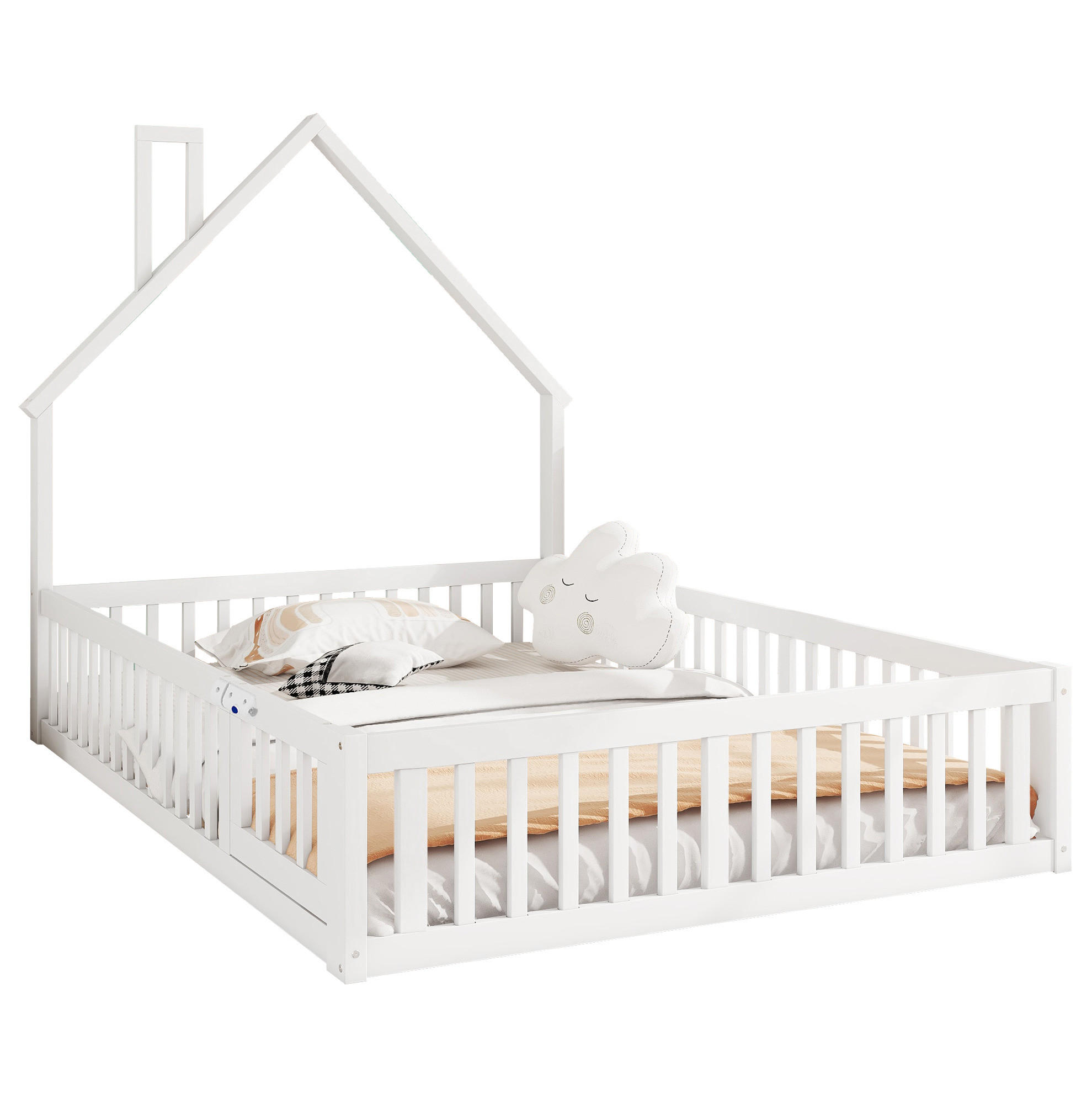 HAUSBETT 140/190 cm Weiß aus Kiefernholz und MDF mit Sicherheitsgitter - Weiß, Holz (140/190cm) - OKMYHOME