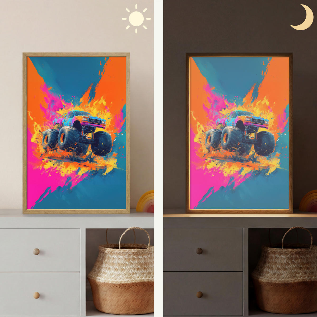 NÁSTĚNNÁ LAMPA S AKUMULÁTOREM Monster truck - Abstraktní - Stříkající barva - Barevné 40x60 cm - růžová, kompozitní dřevo (40/60/8cm) - OnlyWow