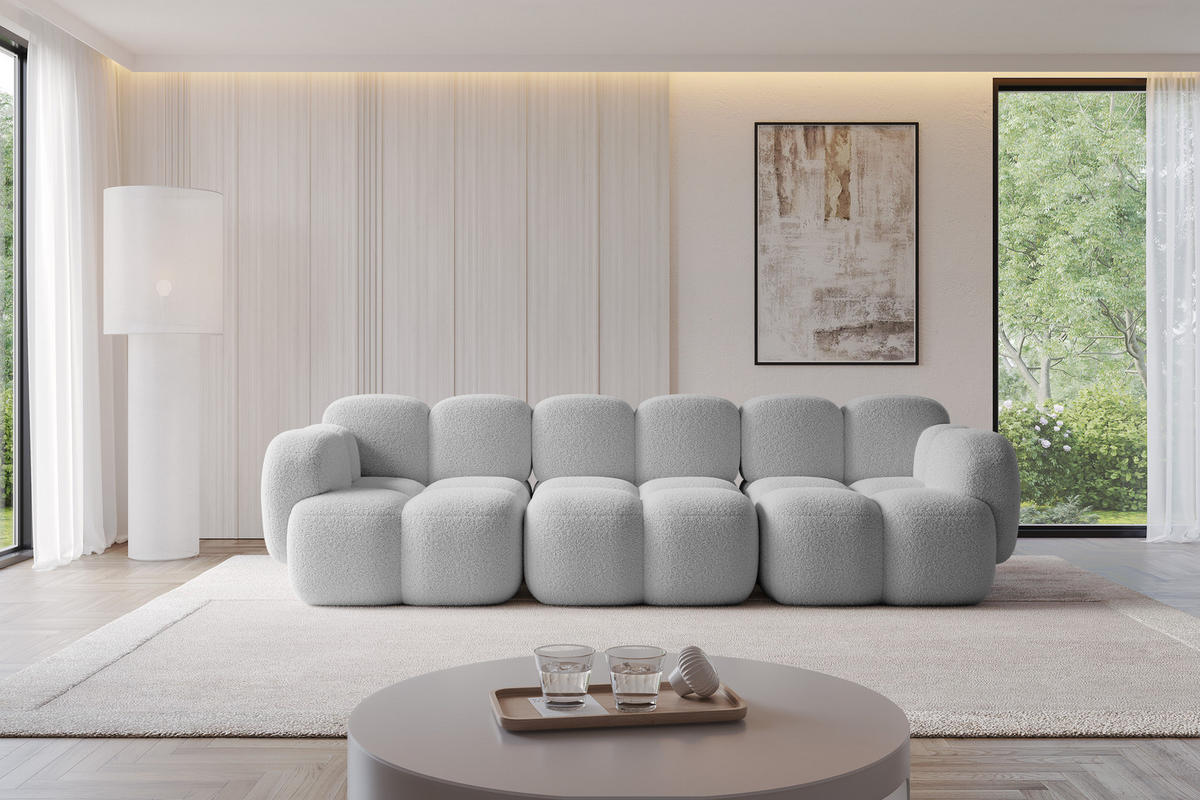 3-SITZER modulares Sofa Miko-S2 300x118x75 cm Hellgrau Bouclé - Edelstahlfarben/Schwarz, Holzwerkstoff/Kunststoff (300/75/118cm) - ALTDECOR