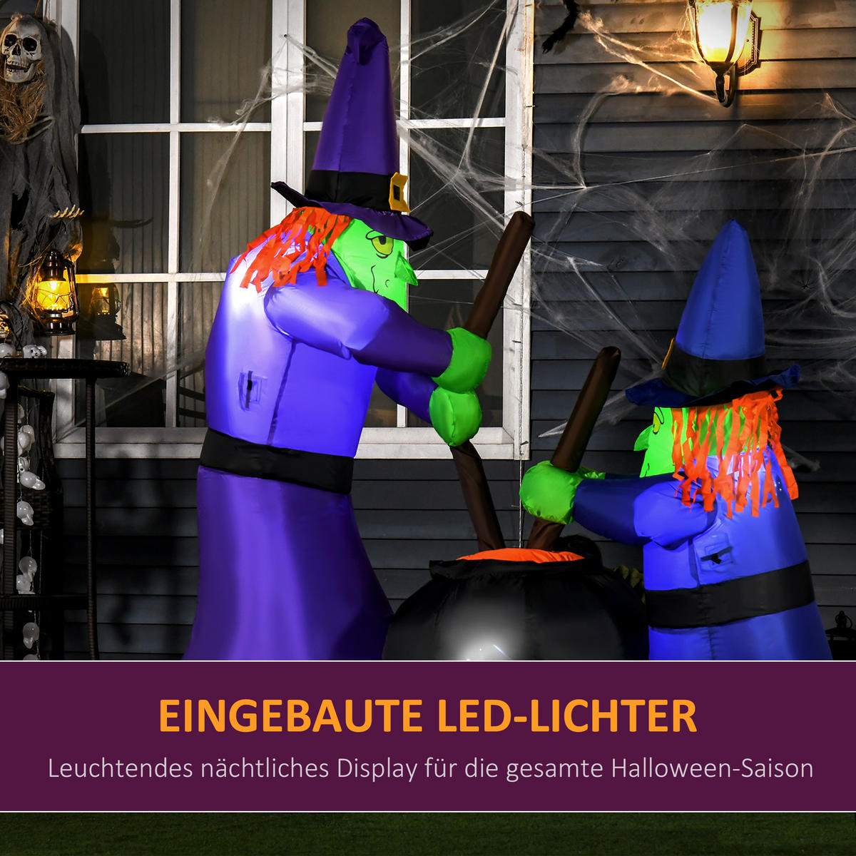 AUFBLASBARE Halloween Deko Luftfigur LED Beleuchtung Baum Hexen Katze Kürbis - Multicolor, Kunststoff (60/180/170cm) - HOMCOM
