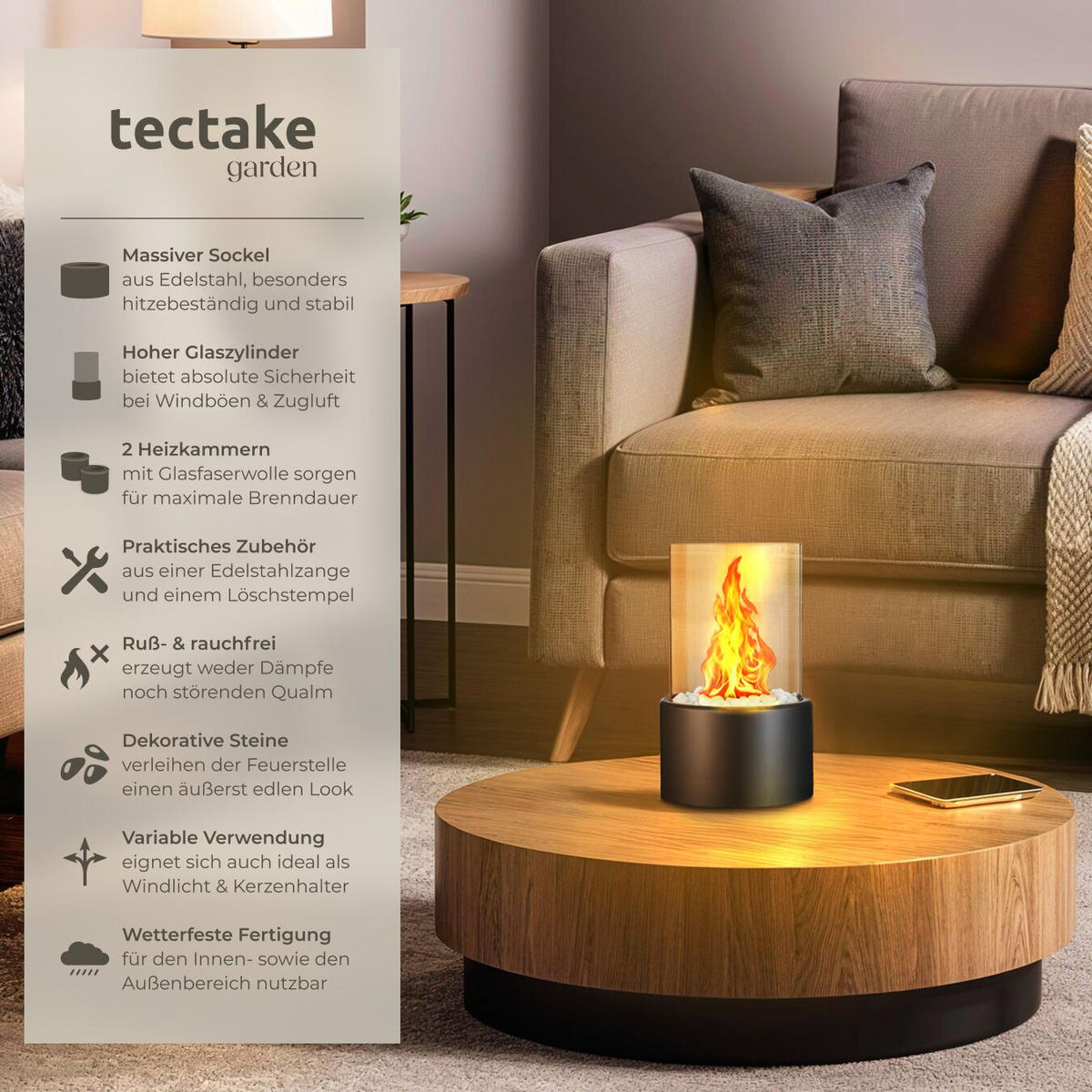 TISCHKAMIN Bioethanol Damine,16,5 x 26 cm, schwarz - Schwarz, Glas (16.5/26/16.5cm) - tectake