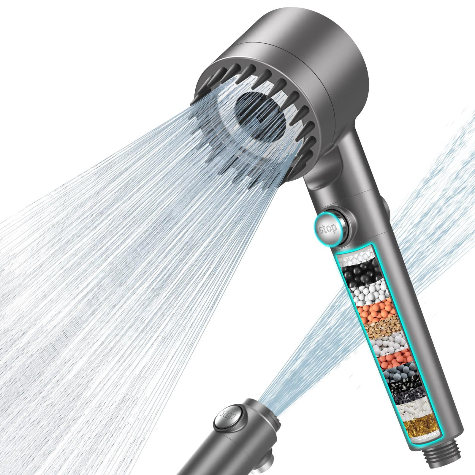 DUSCHKOPF 15-stufiger Filter Mit Schlauch 1,5 m Kalkschutz Wassersparend Hochdruck - Dunkelgrau, Kunststoff (7.5/25/7.5cm)