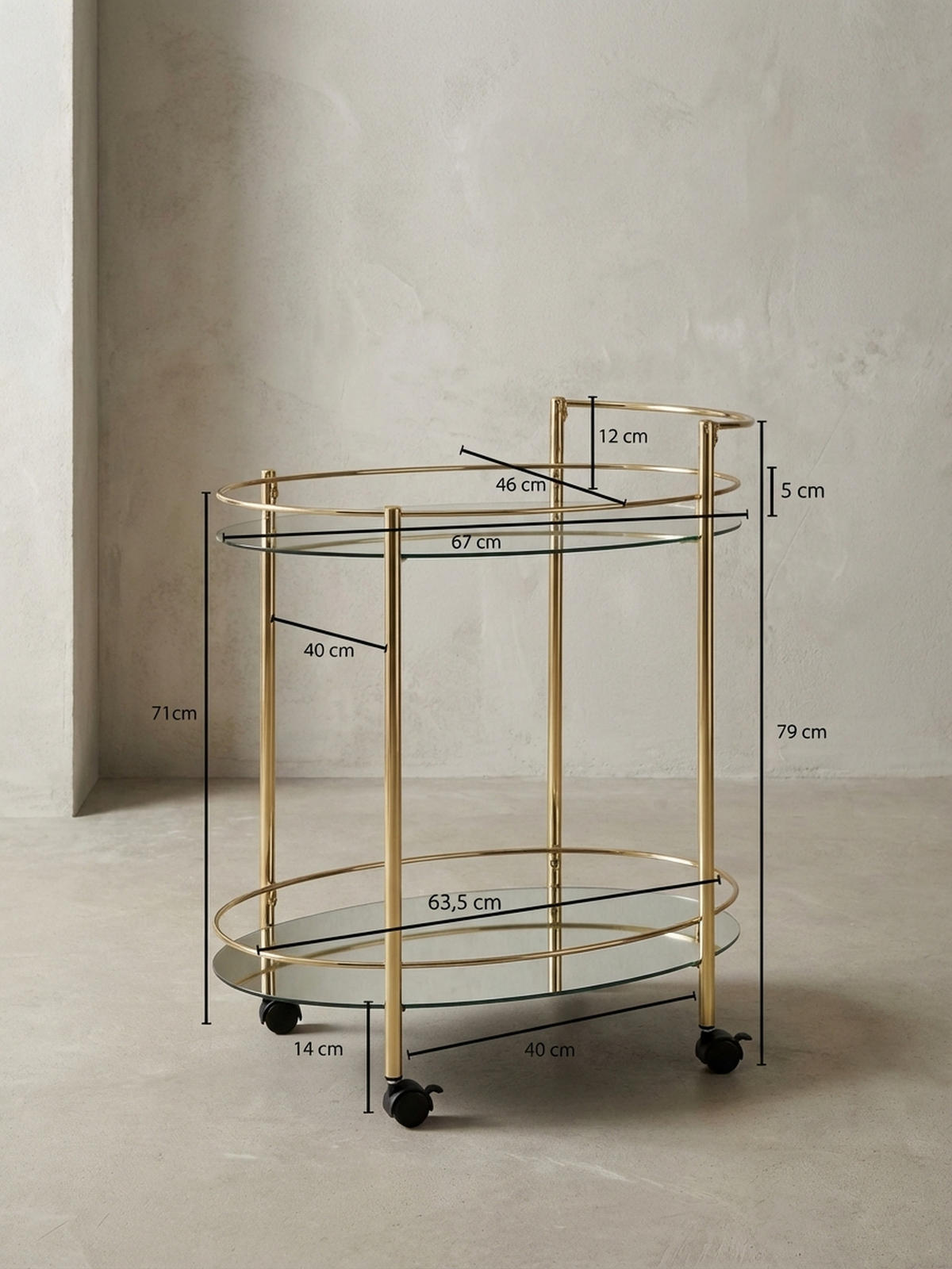 SERVIERWAGEN – Gold, 2 Glasplatten, auf Rollen - Goldfarben, Glas/Metall (67/79/46cm) - KADIMA DESIGN